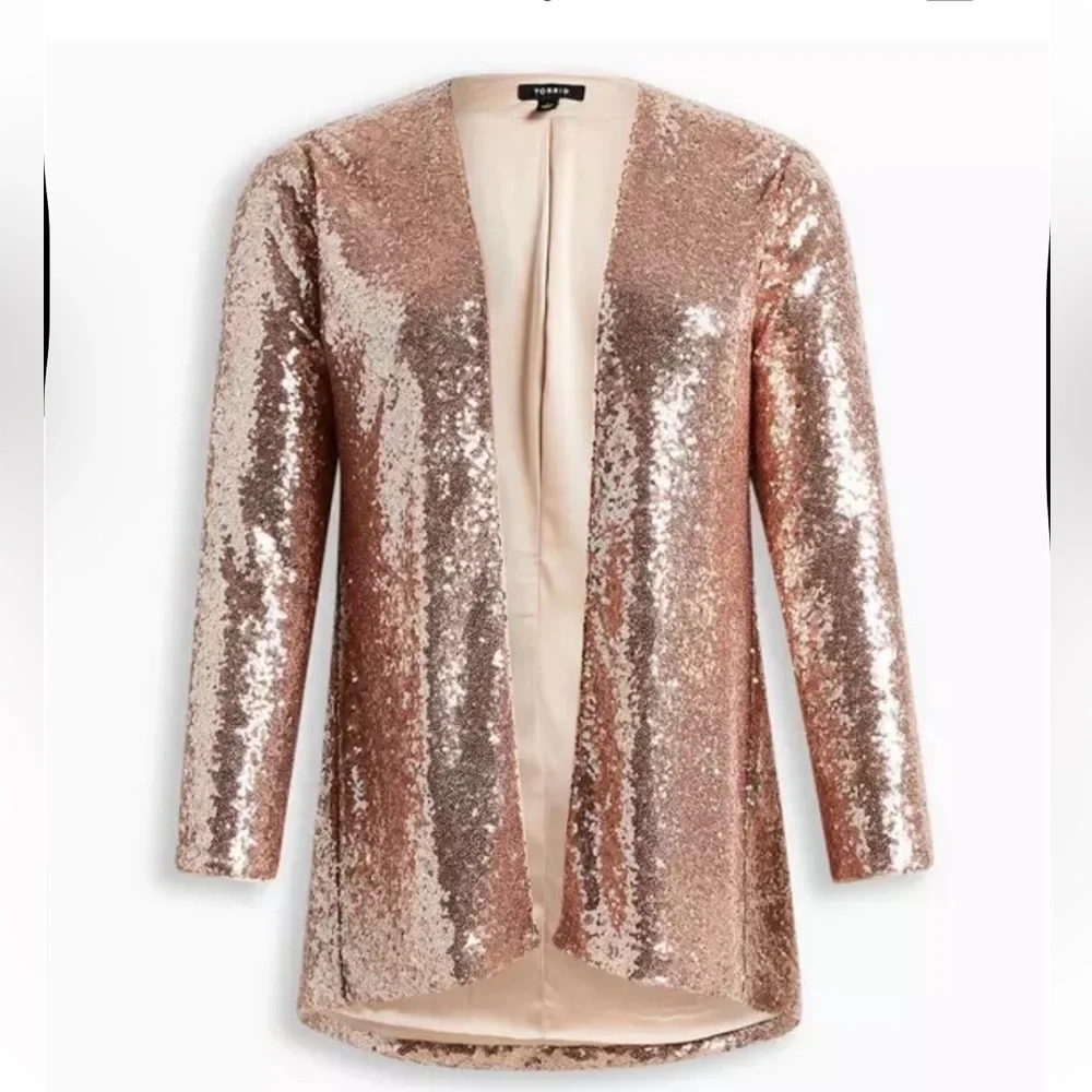 Torrid size 4 (26) Rose Gold Blazer and size 3 Tall (22-24) Pant Sequins Outfit - Picture 11 of 14